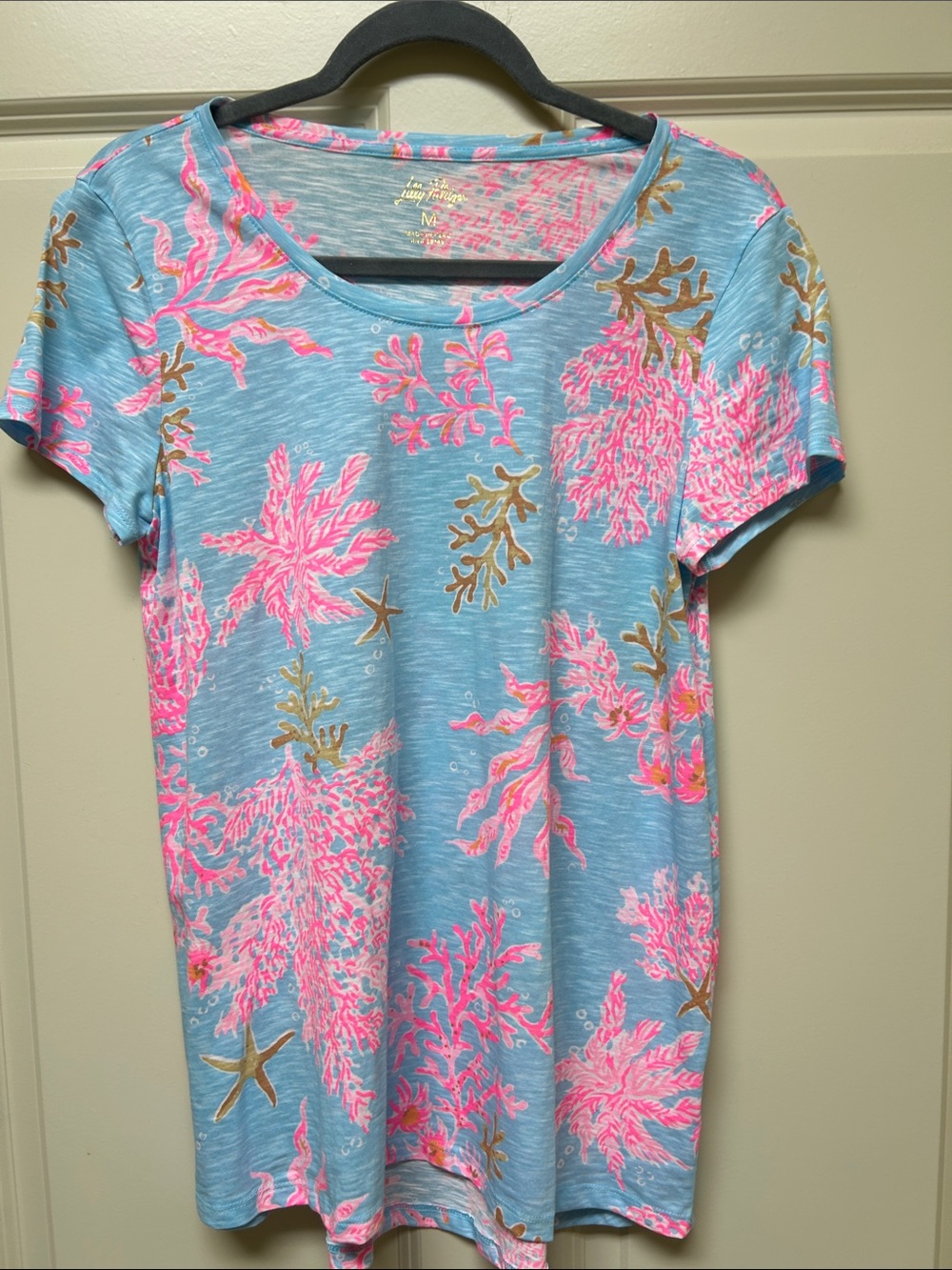 Lilly Pulitzer Blue Tee with Pink Coral & Gold Accents